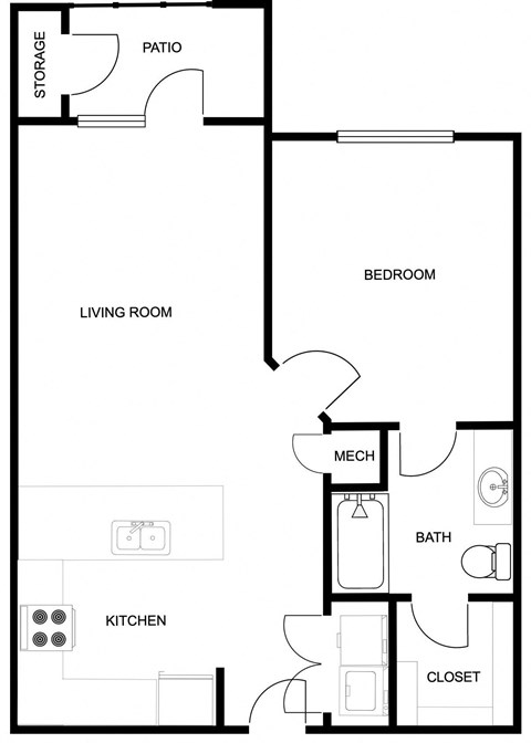 Floor plan for 1 bed, 1 bath, 743 sqft